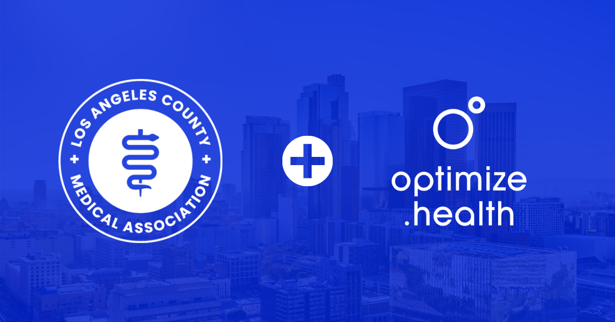 Los Angeles Skyline w/ LACMA and Optimize Health logos on blue overlay