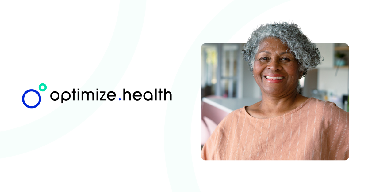 Optimize Health promo with smiling woman in cutout frame